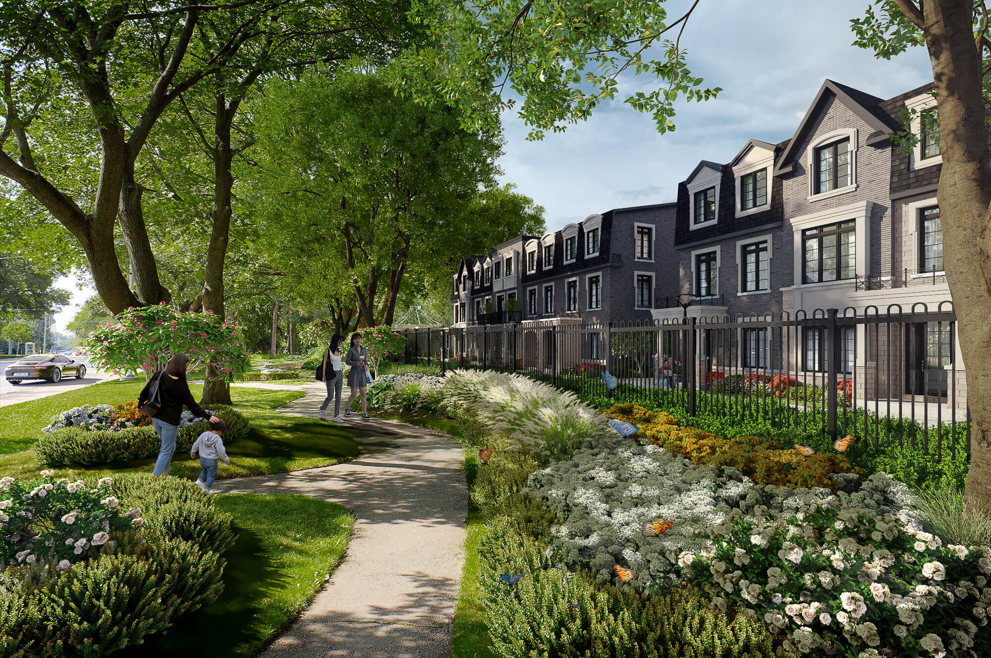 Summer rendering of the Flora community forecourt, featuring a path winding through lush flowerbeds with Flora’s gate and townhomes in the background.